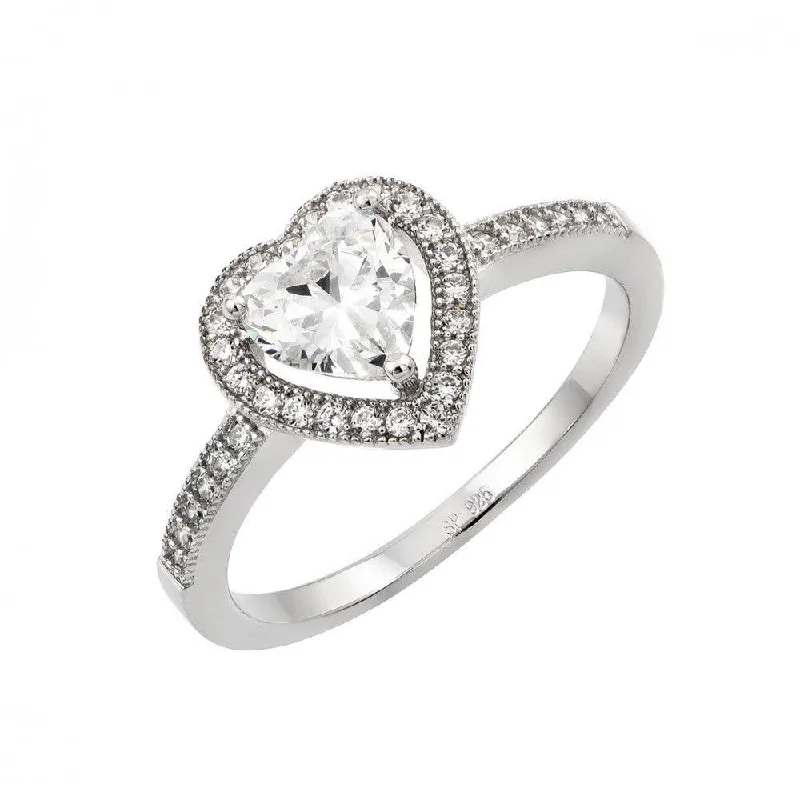 Ladies rings diamond accents-Silver 925 Rhodium Plated Heart Clear CZ Ring - STR00937