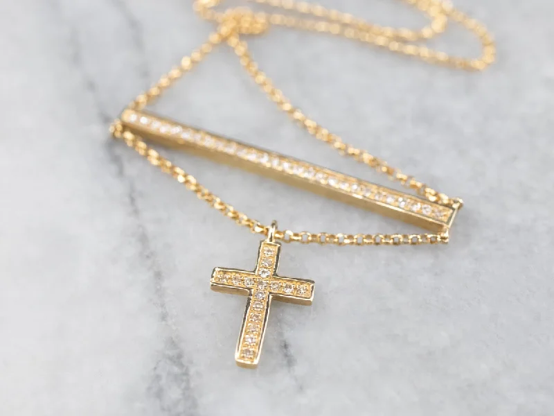 Ladies rings star motifs-Diamond Bar Necklace with Cross Charm