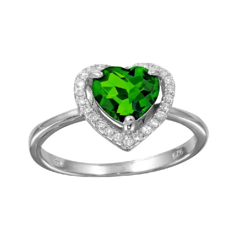 Ladies rings price range-Rhodium Plated 925 Sterling Silver Green Halo Heart Ring - BGR01139GRN