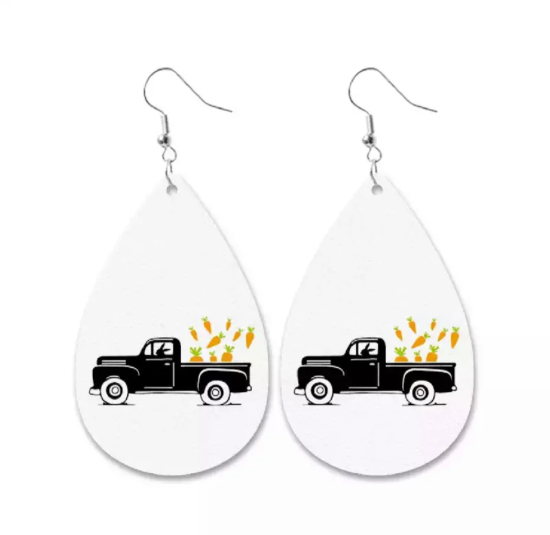 Ladies earrings hypoallergenic-Cute Easter Leather Drop Earrings with Vintage Truck