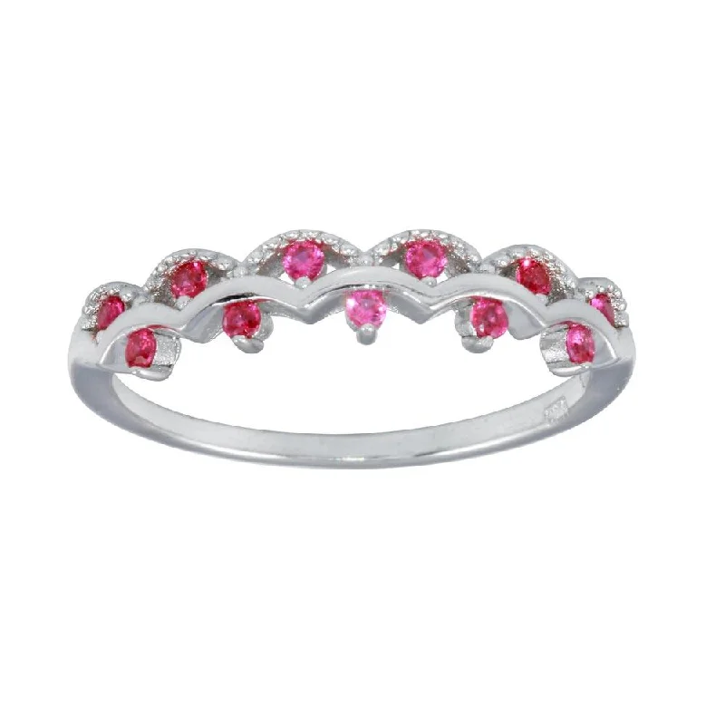 Ladies rings office styles-Rhodium Plated 925 Sterling Silver Wavy Ring with Red CZ - BGR01239RED