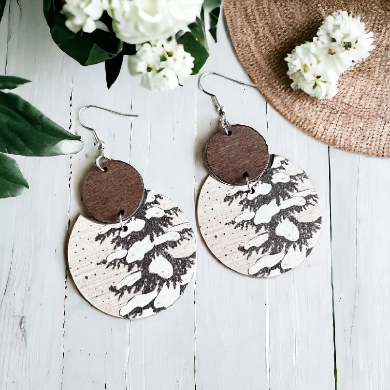 Ladies earrings heart motifs-Wooden Snowy Trees Drop Earrings