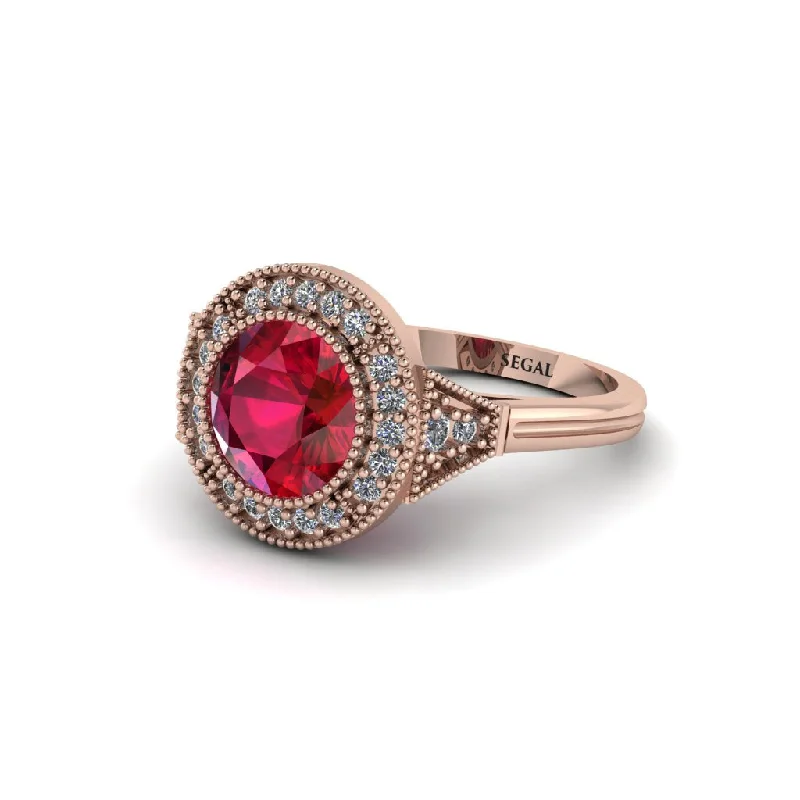 Ladies engagement rings upgrade ideas-Round Cut Ruby Milgrain Halo Engagement Ring - Maggie No. 11